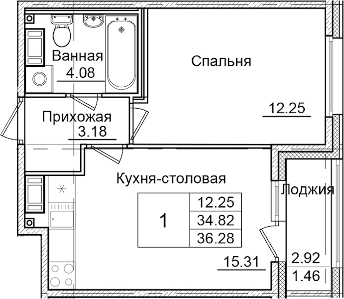 1-комнатная квартира 36.28 м², 6/9 эт., ЖК «Квартал Заречье»